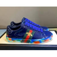Best Price Gucci Ace Patent Leather Sneakers with Luminous Print Sole 102448 Navy Blue