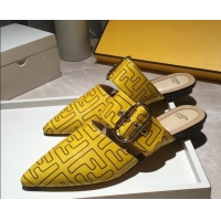 Low Cost Fendi FF Leather Flat Mules with Buckle Band 92114 Yellow