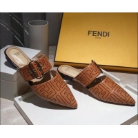 Sumptuous Fendi FF Leather Flat Mules with Buckle Band 92114 Brown