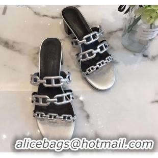 Best Luxury Hermes Leather "Chaine d'Ancre" Tandem Sandal With 5cm Heel 042038 Silver