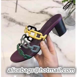 Top Quality Hermes Leather "Chaine d'Ancre" Tandem Sandal With 5cm Heel 042038 Purple/Yellow