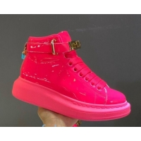 Best Luxury Alexander McQueen Patent Leather Sneakers with Lock Charm 90905 Hot Pink