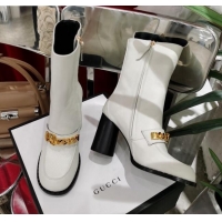 Good Product Gucci Leather Heel Short Boots with CHain Charm 111657 White/Gold 