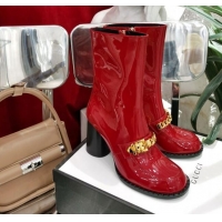 Best Luxury Gucci Patent Leather Heel Short Boots with CHain Charm 111660 Red