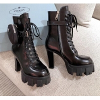 Low Price Prada Shiny Leather Heel Platform Short Boots with Nylon Pouch 102032 Black