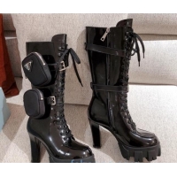 Affordable Price Prada Shiny Leather Heel Platform High Boots with Nylon Pouch 102035 Black