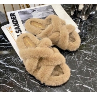 Low Cost Chanel Fur Woven Strap Flat Sandals 111126 Beige