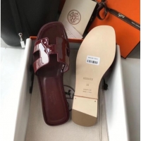 Stylish Hermes Patent Calfskin Leather Oran H Flat Slipper Sandals 040111 Burgundy