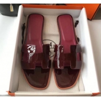 Sumptuous Hermes Patent Calfskin Leather Oran H Flat Slipper Sandals 040112 Burgundy