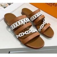 Affordable Price Hermes Leather "Chaine d'Ancre" Flat Sandal 042043 Brown/White