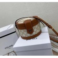 Discount CELINE MEDIUM TAMBOUR BAG IN TEXTILE WITH TRIOMPHE EMBROIDERY 195192 brown&white