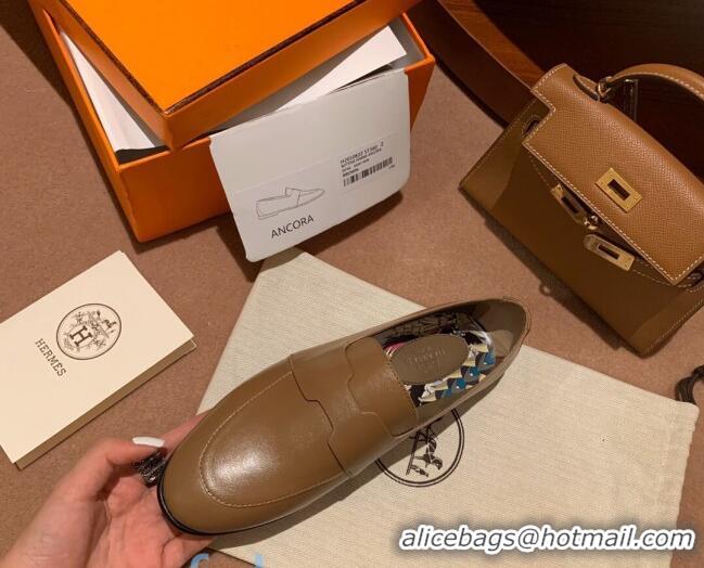 Best Design Hermes Ancora Supple Goatskin Loafers with Cut out H 010617 Brown