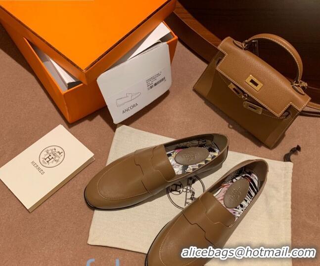 Best Design Hermes Ancora Supple Goatskin Loafers with Cut out H 010617 Brown