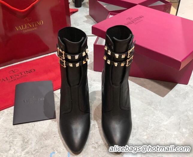Pretty Style Valentino Rockstud Calfskin Short Boots with Double Buckle 85mm Black 092432