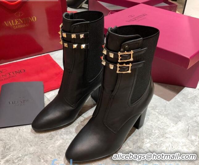 Pretty Style Valentino Rockstud Calfskin Short Boots with Double Buckle 85mm Black 092432
