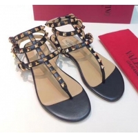 New Design Valentino Rockstud Flat Thong Sandal in Black/Nude Leather 072061