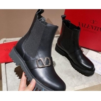 Shop Valentino VLogo Band Calfskin Flat Ankle Boots 082745 Black/Silver