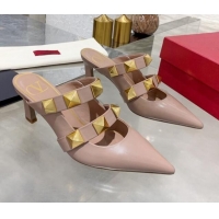 Good Quality Valentino Roman Stud Calfskin Heel Mules with Sculpted Strap 010605 Nude