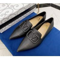 Low Price Valentino VLogo Calfskin Flat Loafers with Pointed Toe 012304 Black 2021