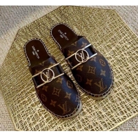 Duplicate Louis Vuitton Monogram Canvas Espadrille Flat Mules with Rectangle LV Buckle 011110 Brown