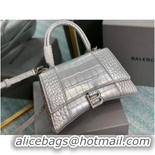Pretty Style Balenciaga HOURGLASS SMALL TOP HANDLE BAG crocodile embossed calfskin B108895E silver