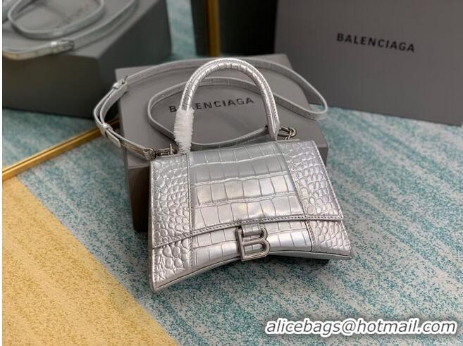 Pretty Style Balenciaga HOURGLASS SMALL TOP HANDLE BAG crocodile embossed calfskin B108895E silver