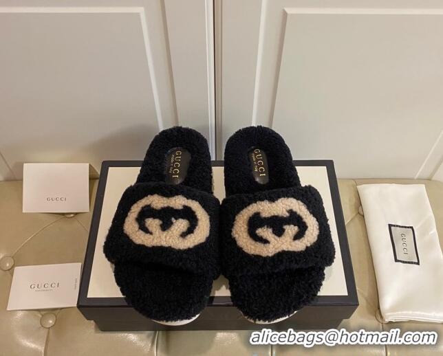 Top Quality Gucci Shearling Wool GG Flat Slide Sandals 031105 Black