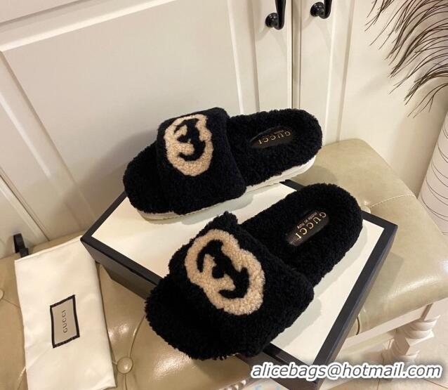 Top Quality Gucci Shearling Wool GG Flat Slide Sandals 031105 Black