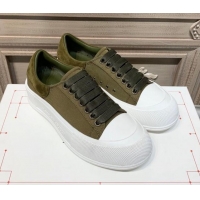 Cheap Price Alexander Mcqueen Deck Cotton Canvas Lace Up Sneakers 010637  Khaki Green