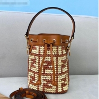 Luxury Classic Fendi Raffia Mon Tresor Mini Bucket Bag FD2006 Brown 2021