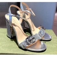Unique Grade Gucci Sequin GG Strap High-heel Sandals Bright 040943 Silver 2021