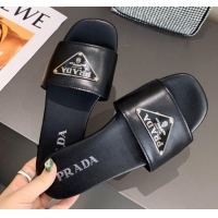 Classic Hot Prada Metallic Logo Flat Slide Sandals 040740 Black 2021