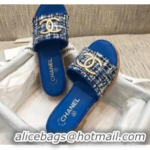Perfect Chanel Metal CC Tweed Slide Sandals G34826 Royal Blue 2021