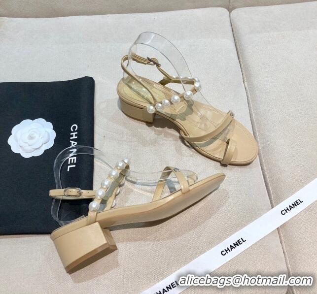 New Fashion Chanel Lambskin Pearl Sandals G37272 Apricot 2021