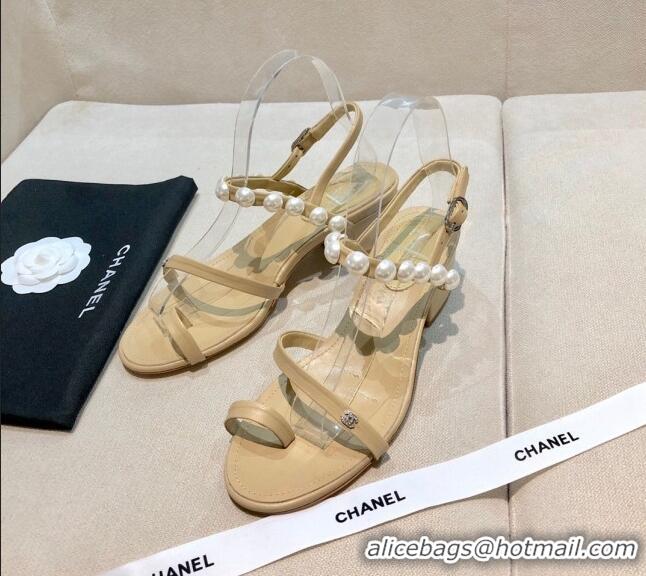 New Fashion Chanel Lambskin Pearl Sandals G37272 Apricot 2021