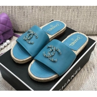 Unique Grade Chanel Chain CC Lambskin Espadrilles Slide Sandals 022452 Blue 2021