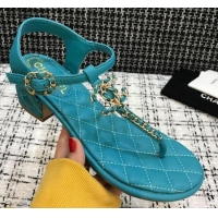 Sumptuous Chanel Leather Heel Thong Sandals with Chain Charm 040895 Peacock Green