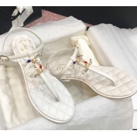 Popular Chanel Lambskin Flat Thong Sandals with Stone CC 408118 White 2021