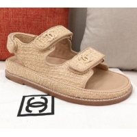 AAAAA Chanel Braided Fabric Strap Flat Sandals G35927 Beige 2021