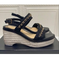 Free Chanel Tweed Chain Wedge Sandals 042963 Black 2021