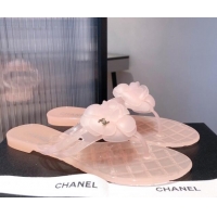 Low Price Chanel Transparent Flat Thong Sandals with Camellia 051049 Pink 2021