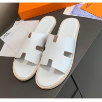 Super Quality Hermes Men's Izmir Calfskin Flat Slide Sandals 022407 White