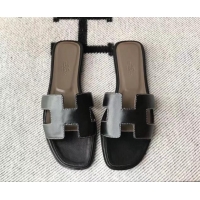 Good Looking Hermes Oran H Flat Slipper Sandals in Smooth Calfskin 040266 Black/Grey 2021
