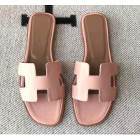 Luxury Cheap Hermes Oran H Flat Slipper Sandals in Smooth Calfskin 040266 Light Pink 2021