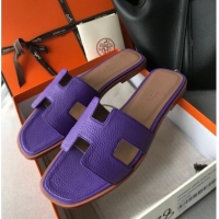 Luxury Hermes Oran H Flat Slipper Sandals in Togo Grainy Calfskin 040384 Purple 2021
