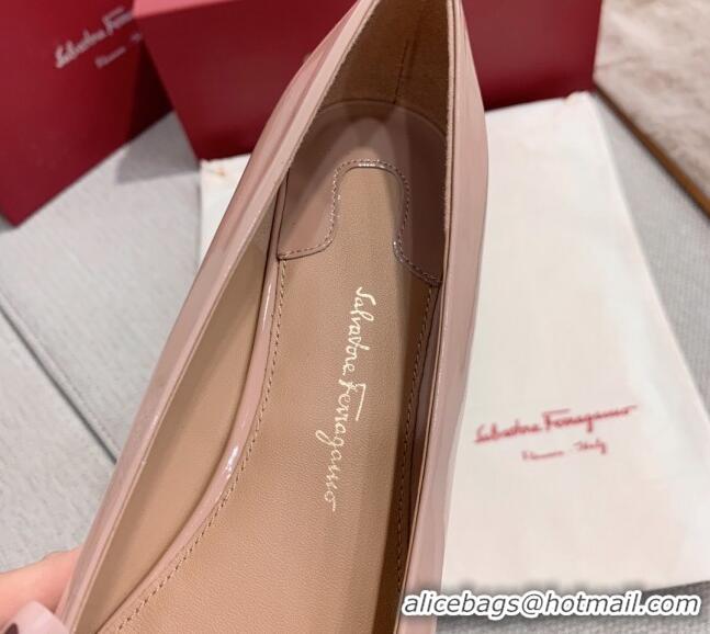 Discount Salvatore Ferragamo Patent Leather Bow Flat Ballerinas 051241 Nude 2021