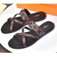 Perfect Louis Vuitton Cross Strap Flat Slide Sandals 330111 Damier Ebene Canvas