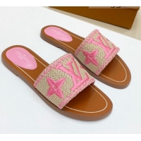 Good Quality Louis Vuitton Lock It Raffia Flat Slide Sandals 042801 Pink 2021