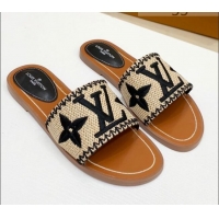 Shop Duplicate Louis Vuitton Lock It Raffia Flat Slide Sandals 042801 Black 2021