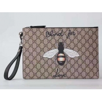 Top Grade Gucci Embroidered Bee and Blind For Love Large Zipped Pouch Clutch Bag 431416 GG Supreme Brown